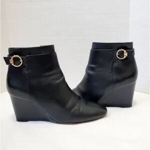 TORY BURCH SOFIA WEDGE HEEL BOOTIE BLACk LEATHER with GOLD LOGO